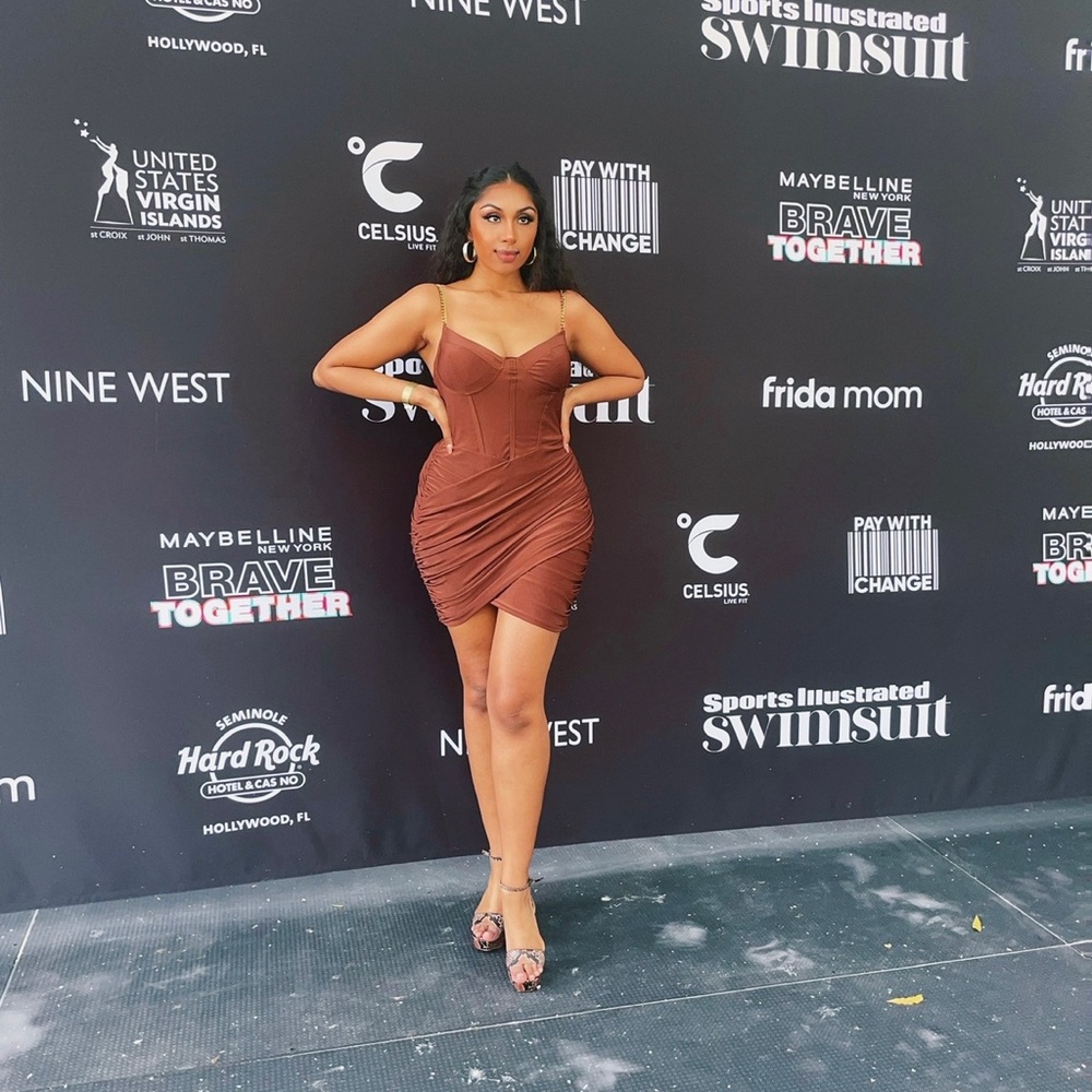 Brown asymmetrical dress with chain straps